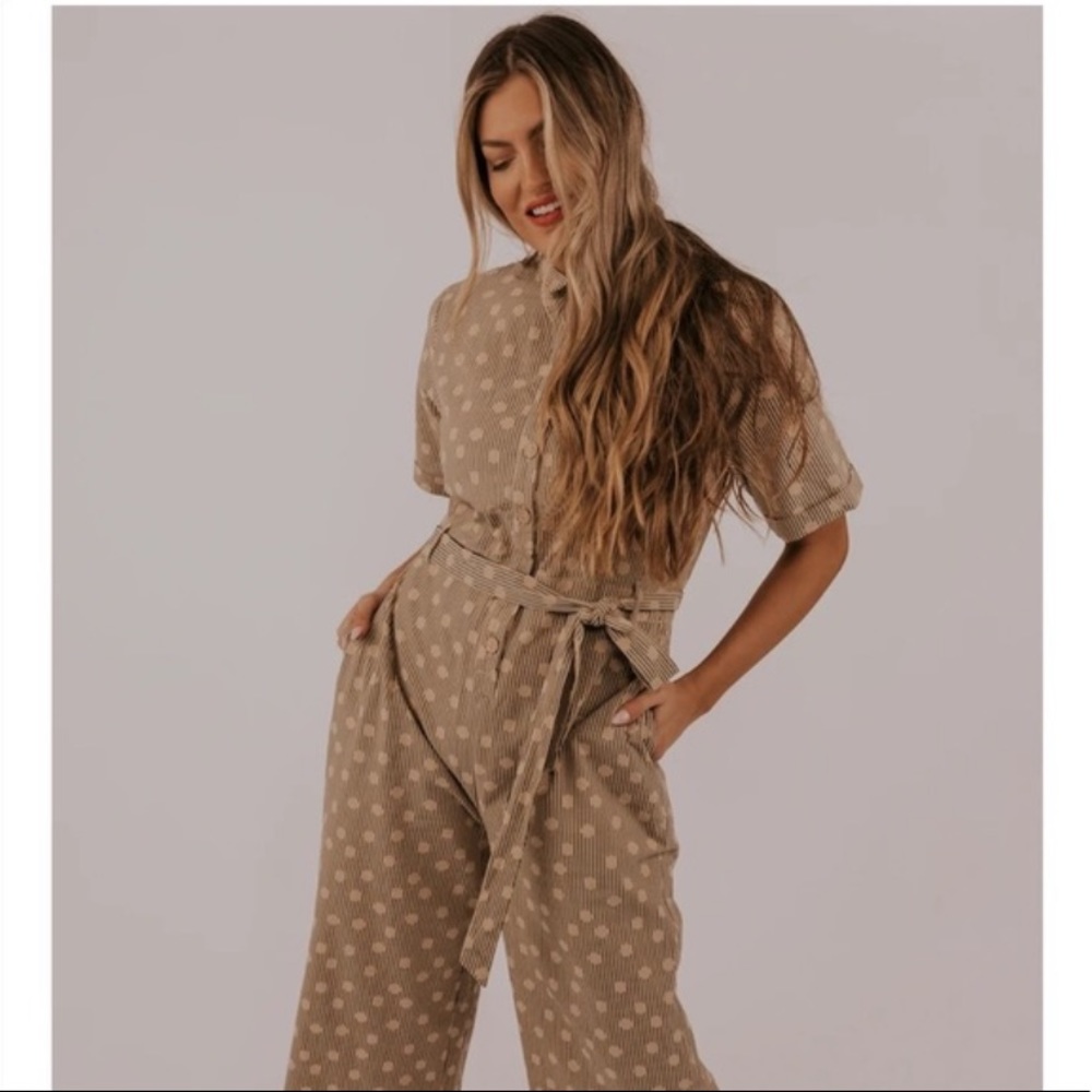 NWT! ROOLEE Striped Polka Dot Tan & Black Short Sleeve Cotton Jumpsuit S
